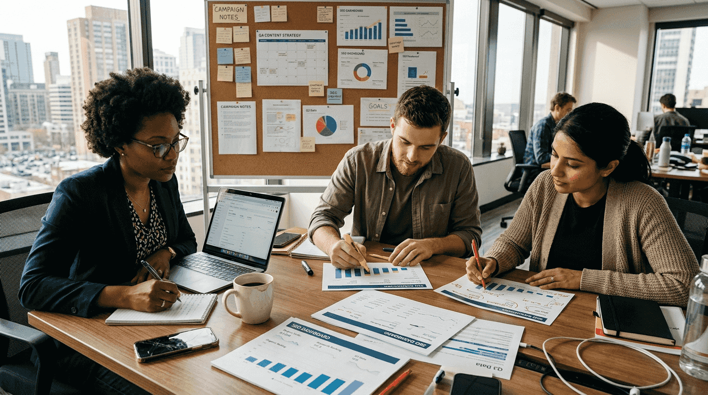 SEO strategy team meeting in bright office