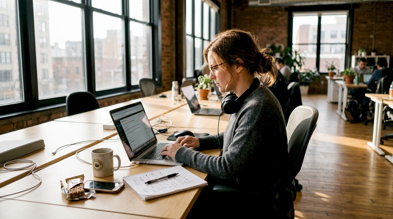 Marketer drafting blog post at desk