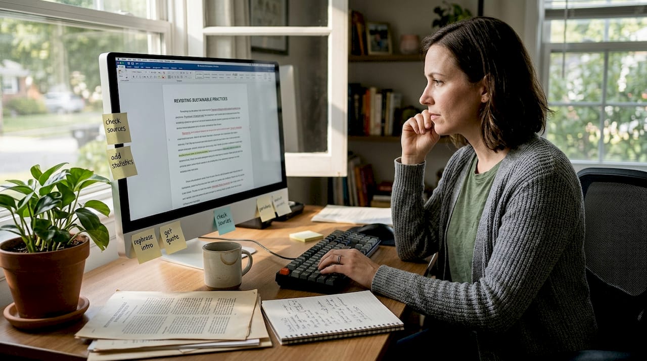 Woman updating article in realistic home office