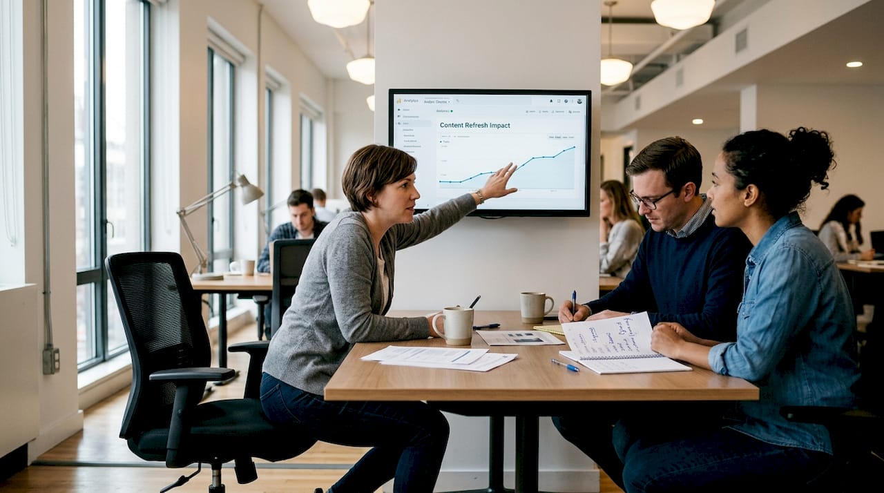 SEO team reviews content impact in office