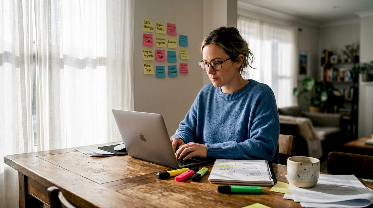 Woman doing SEO keyword research at home table
