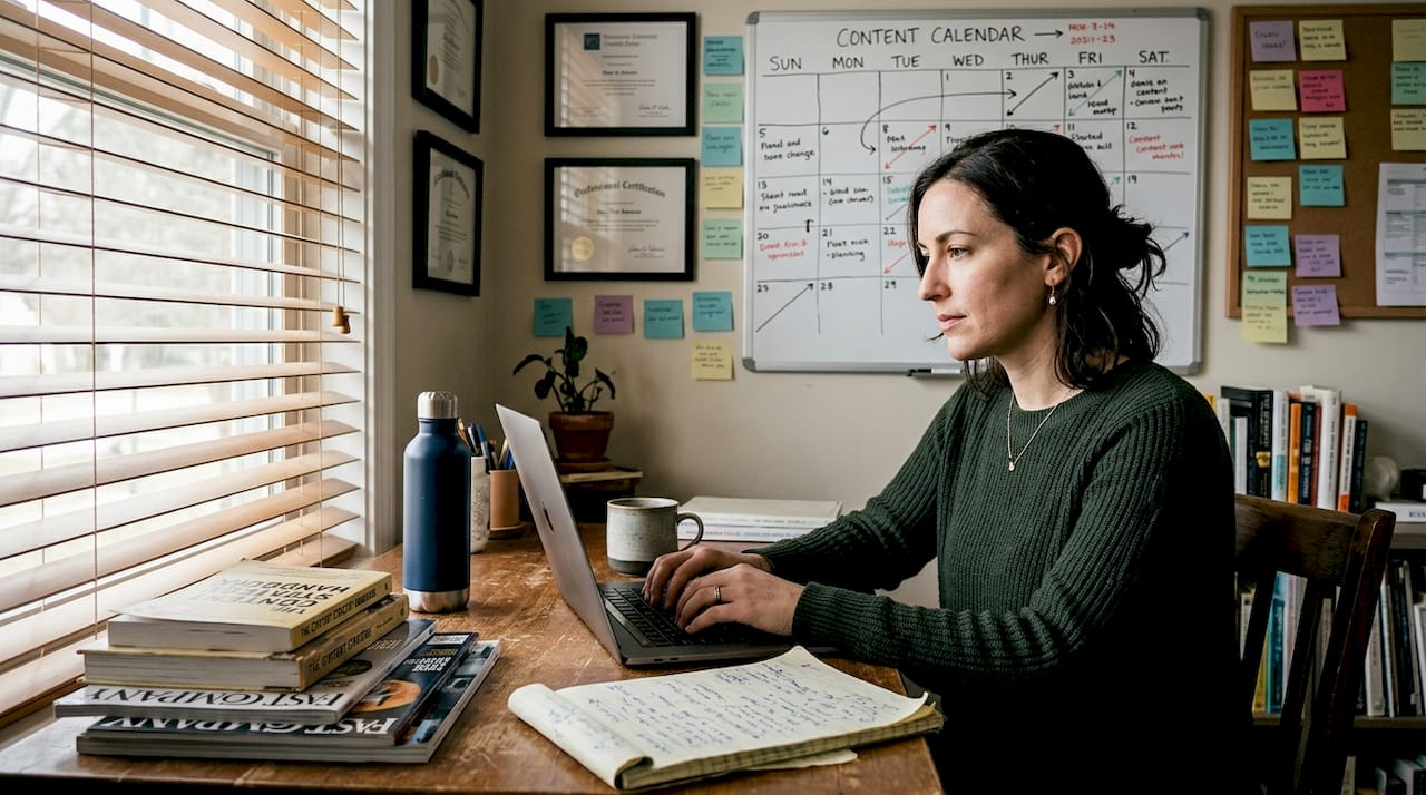 Strategist working in cluttered home office