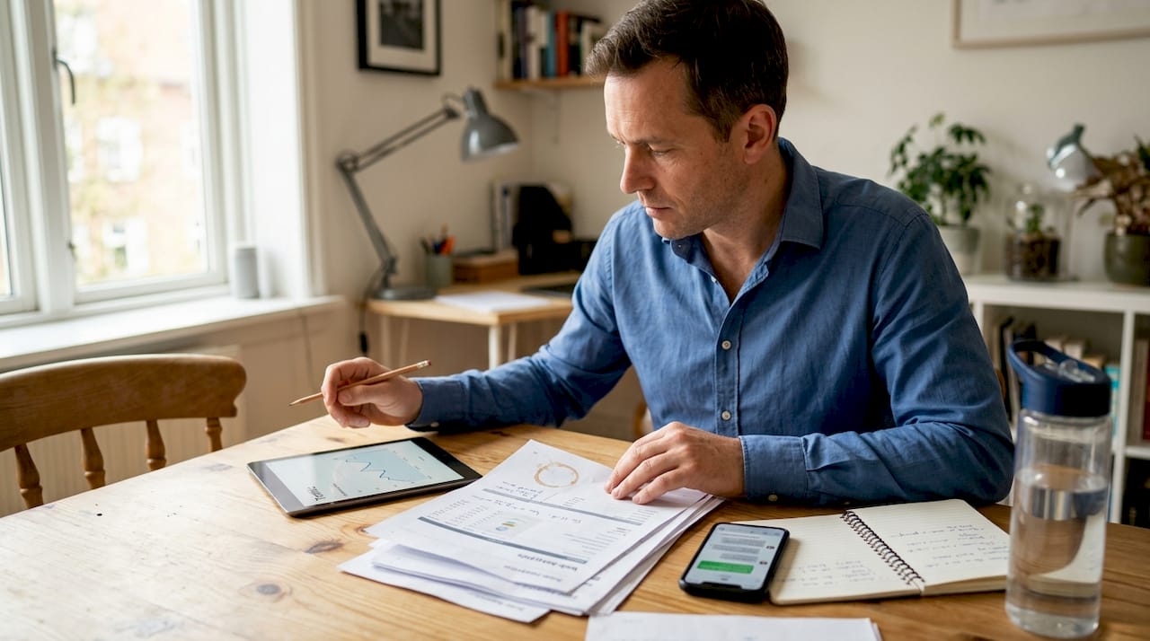 Man reviews website analytics at home workspace