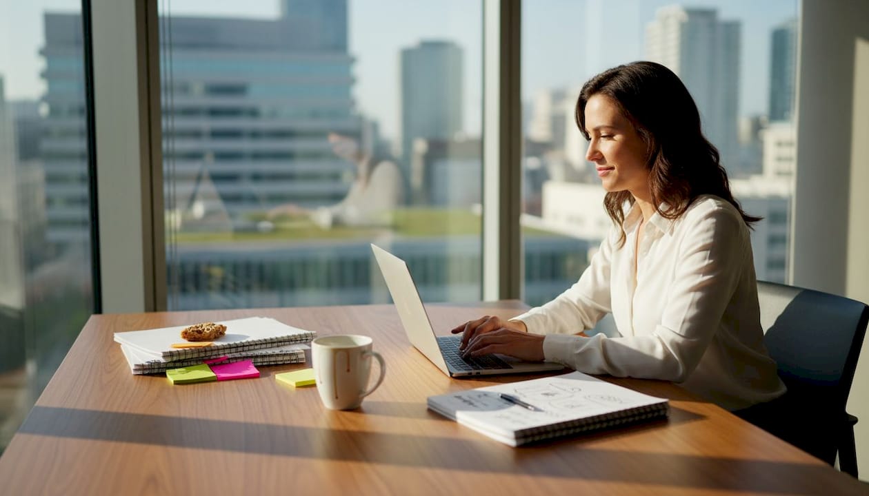 Businesswoman works at laptop in sunlit office