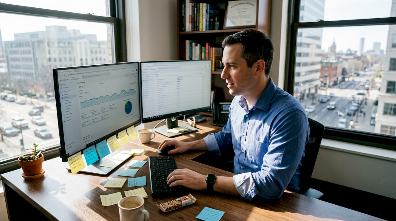 SEO expert studying analytics in bright corner office