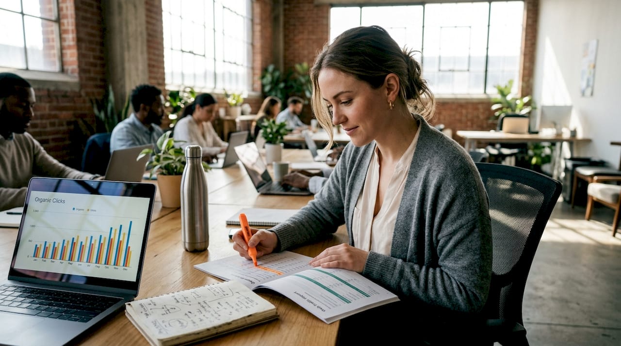Businesswoman highlighting web traffic report at desk