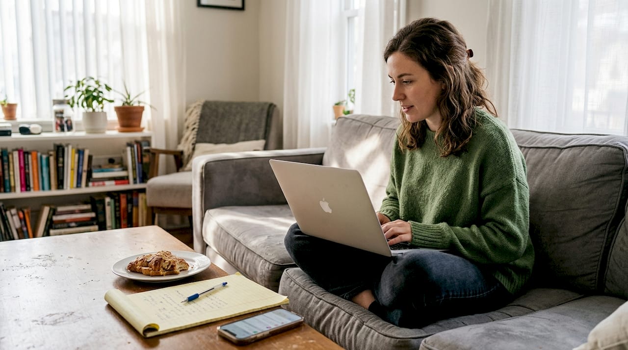 Woman reviewing competitor keyword analysis laptop