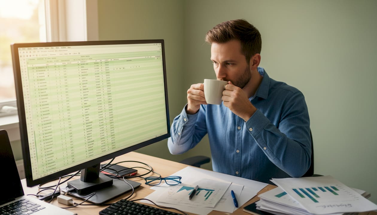 Marketer analyzing SEO keywords at desk