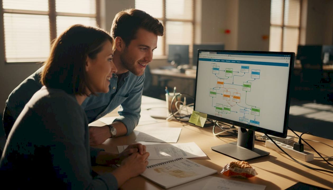 Colleagues planning internal website links together