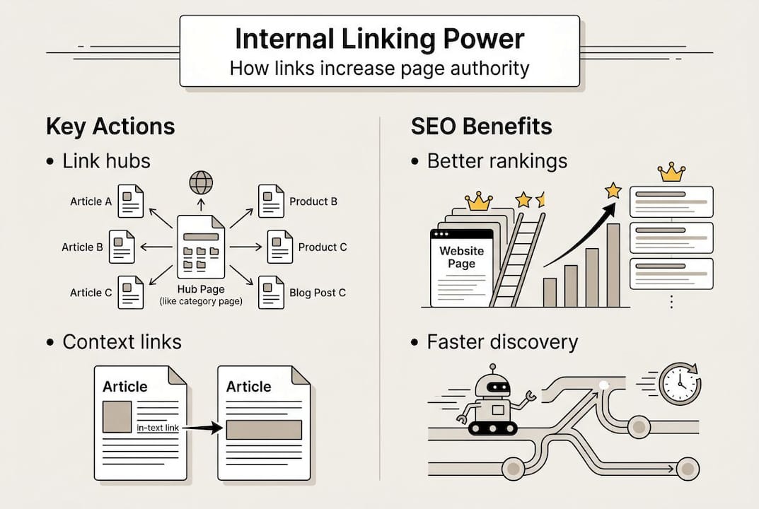 Infographic showing internal linking actions and SEO impact
