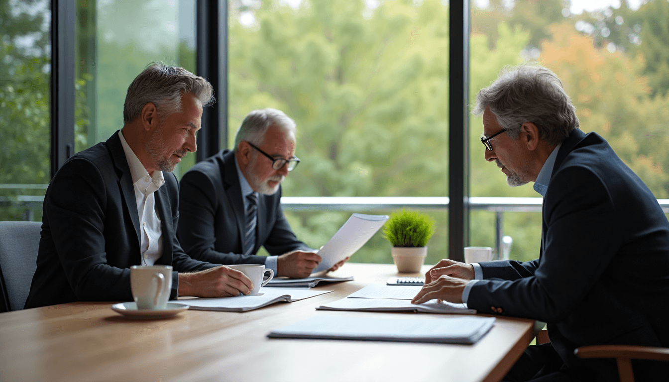 Directors collaborating on risk prevention plan in daylight boardroom