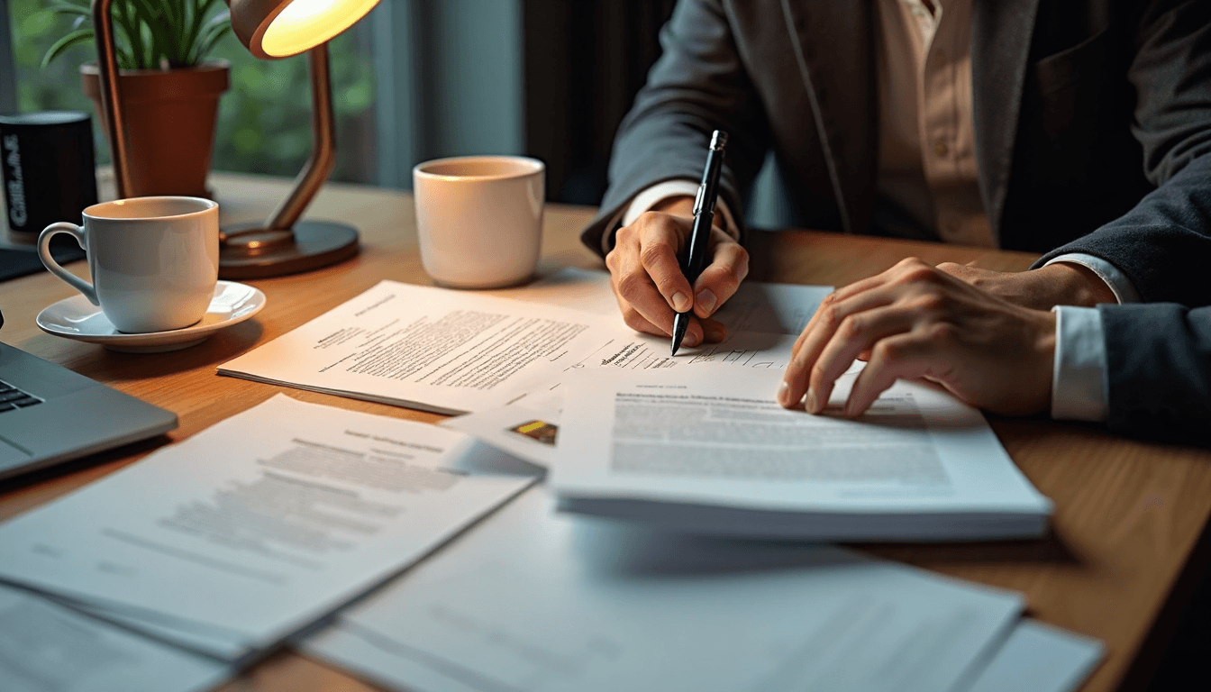 People sorting case documents at a warm-lit table