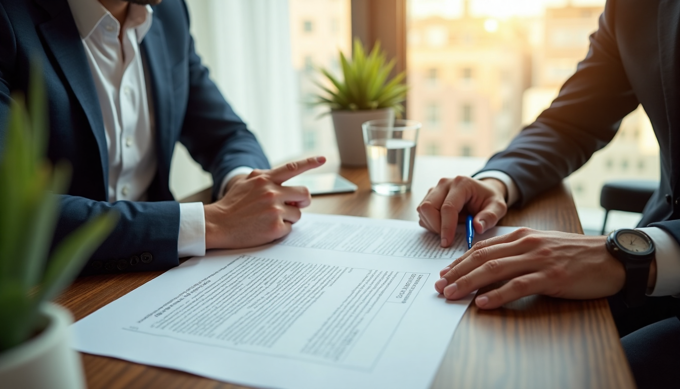 Entrepreneurs reviewing legal partnership contract together