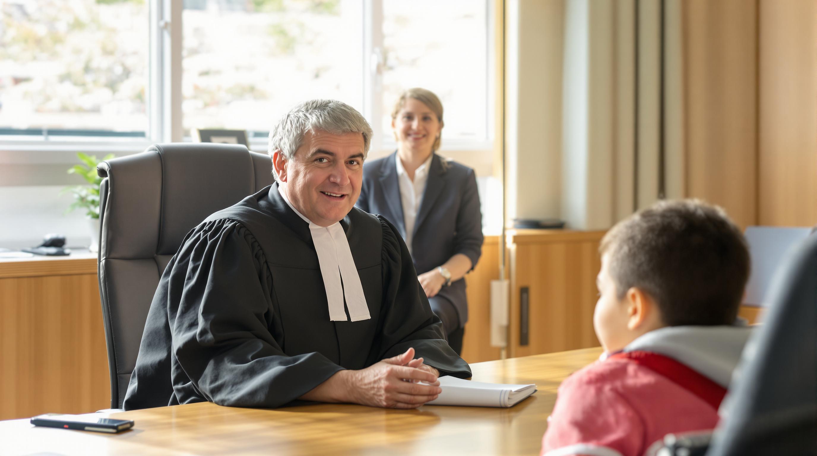 Kinderrechter spreekt rustig met kind en voogd in rechtbank