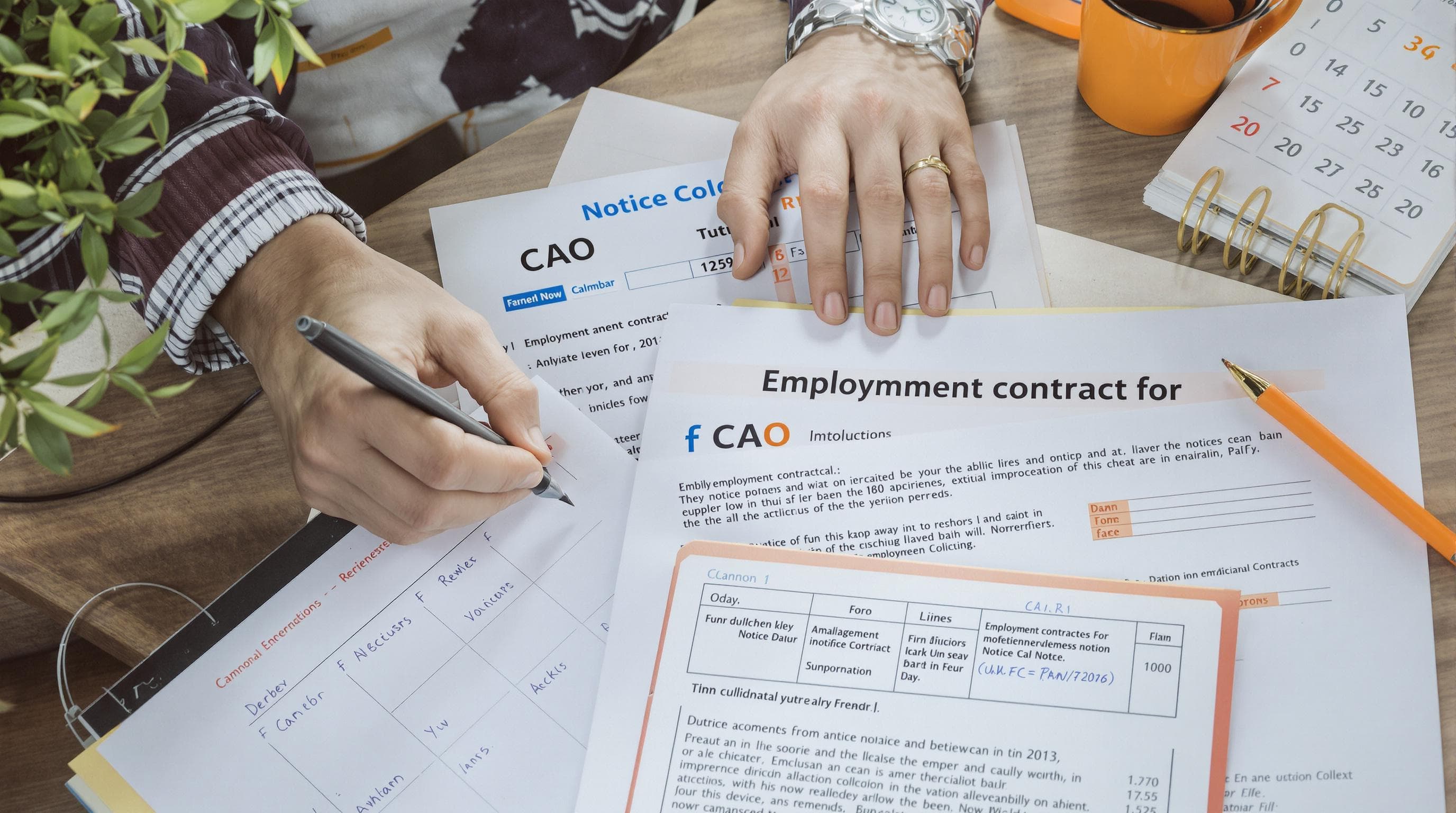 Werknemer bestudeert contract en berekent opzegtermijn met documenten