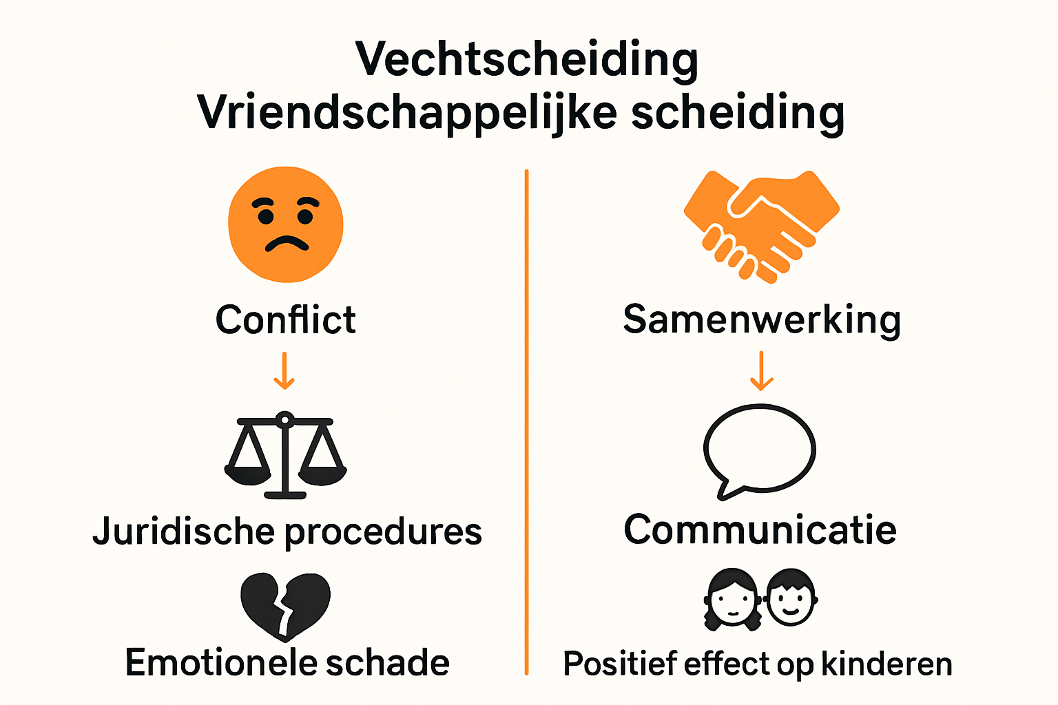 Infographic met vergelijking vechtscheiding en vriendschappelijk
