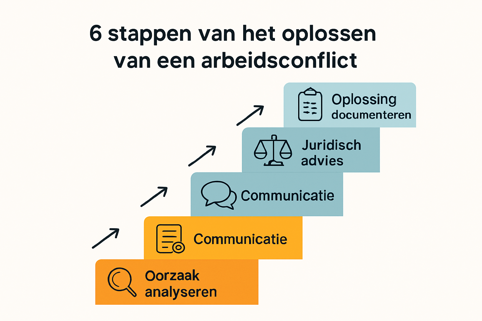 Arbeidsconflict Oplossen: stappenplan 1 Infographic met 6 stappen arbeidsconflict oplossen