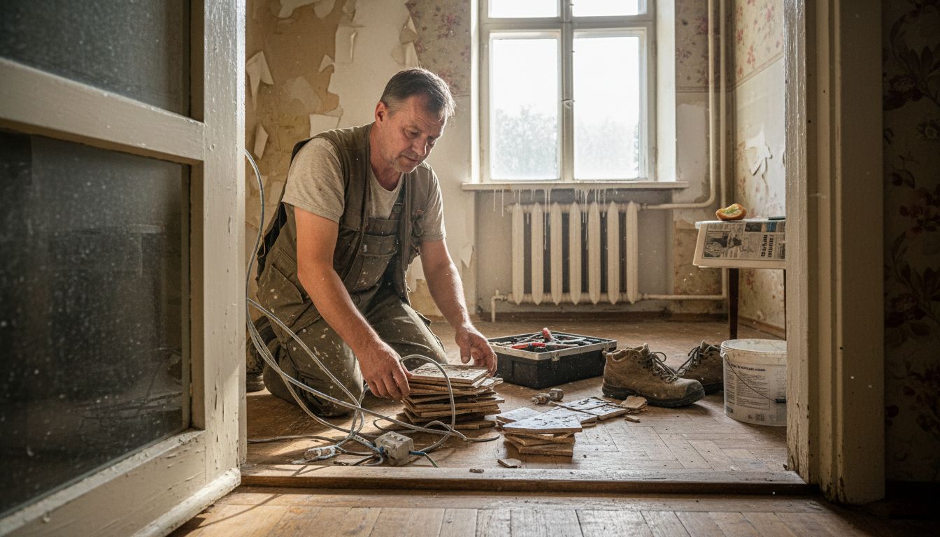 В эстонской квартире идут ремонтные работы — подрядчик занимается отделкой.