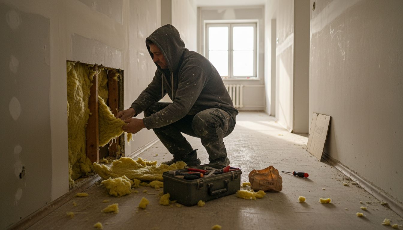 Специалист осматривает утеплитель в отремонтированном коридоре.