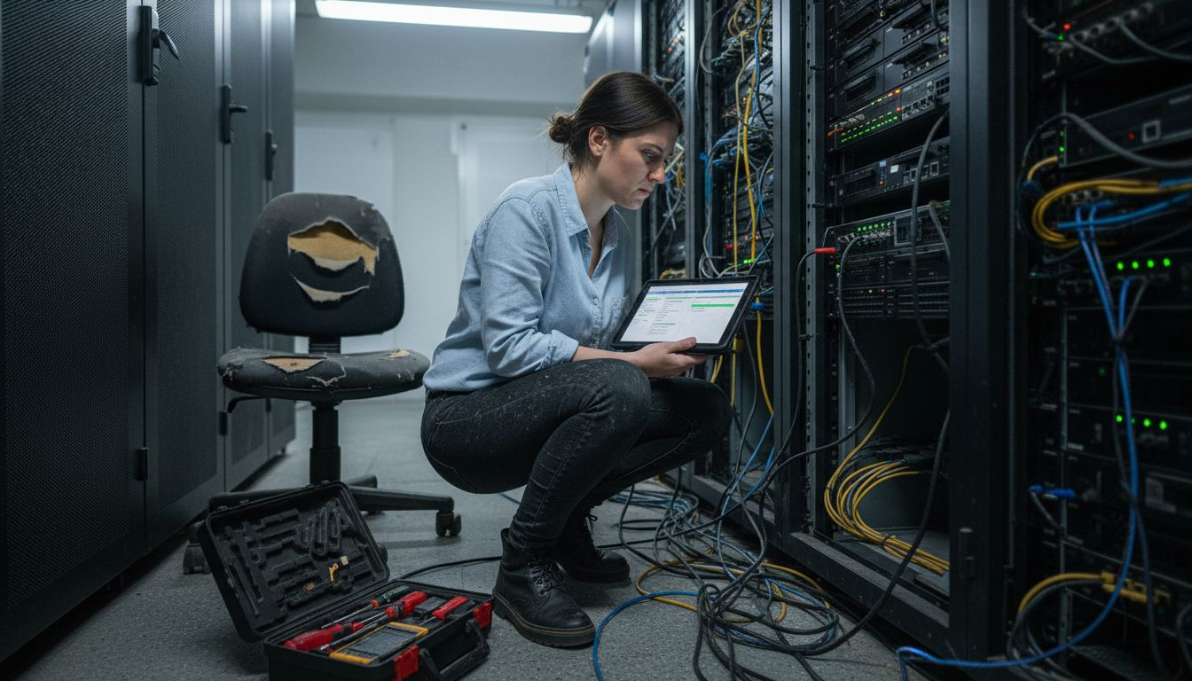 Tecnico informatico impegnato nel controllo e nella manutenzione dei server