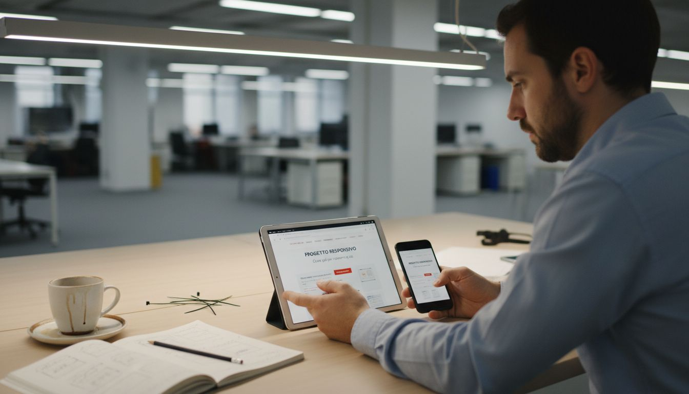 Web designer alle prese con il test della versione responsive di un sito su diversi dispositivi.