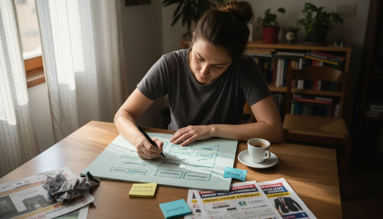 Un designer alle prese con la progettazione del wireframe di un sito e-commerce, comodamente seduto a casa.