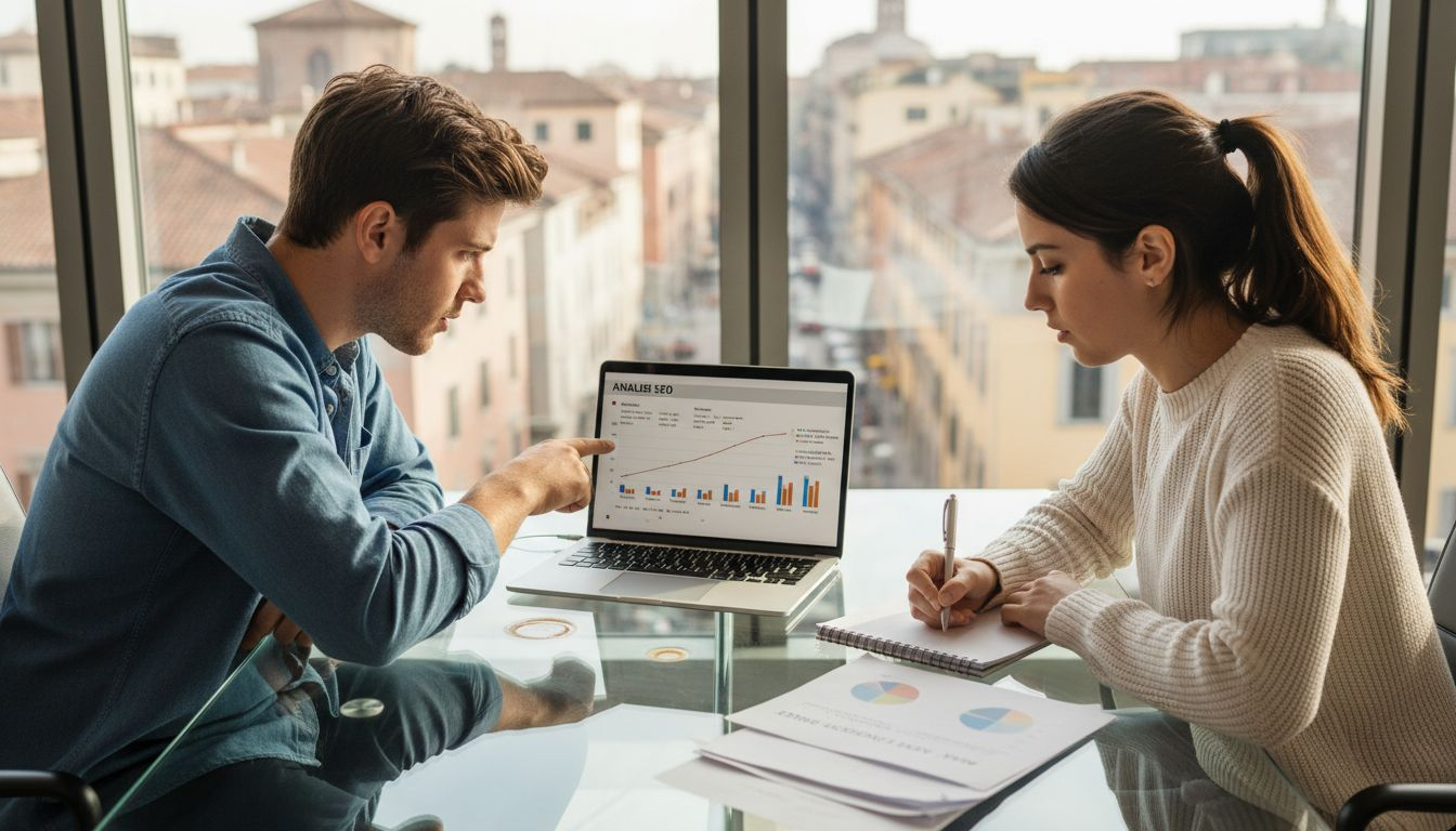 Il team si riunisce per analizzare i dati SEO del sito web e valutare le strategie di ottimizzazione.