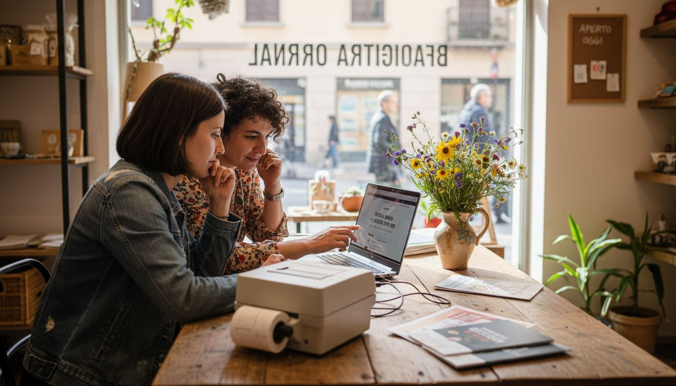 Due titolari si confrontano sulla bozza del sito web all’interno del loro negozio.