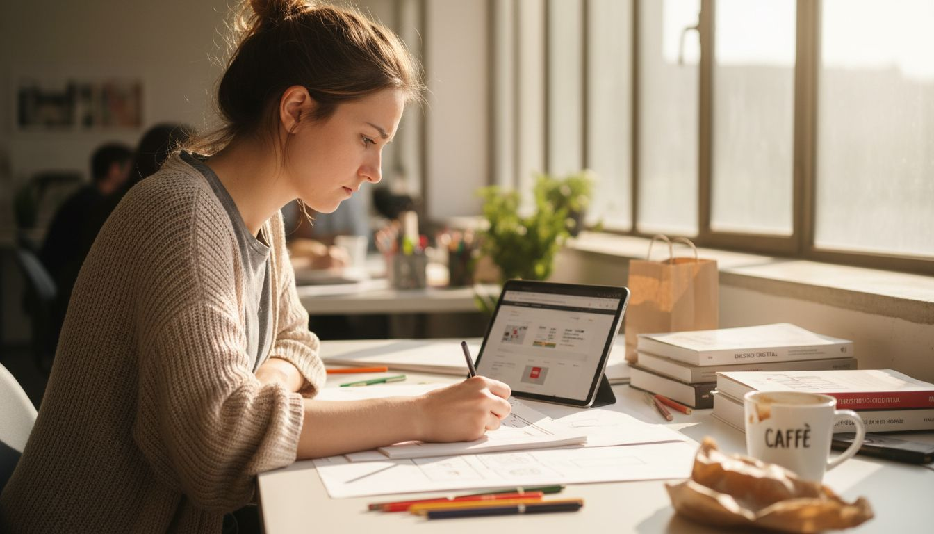 Web designer che disegna a mano gli schemi del sito alla scrivania