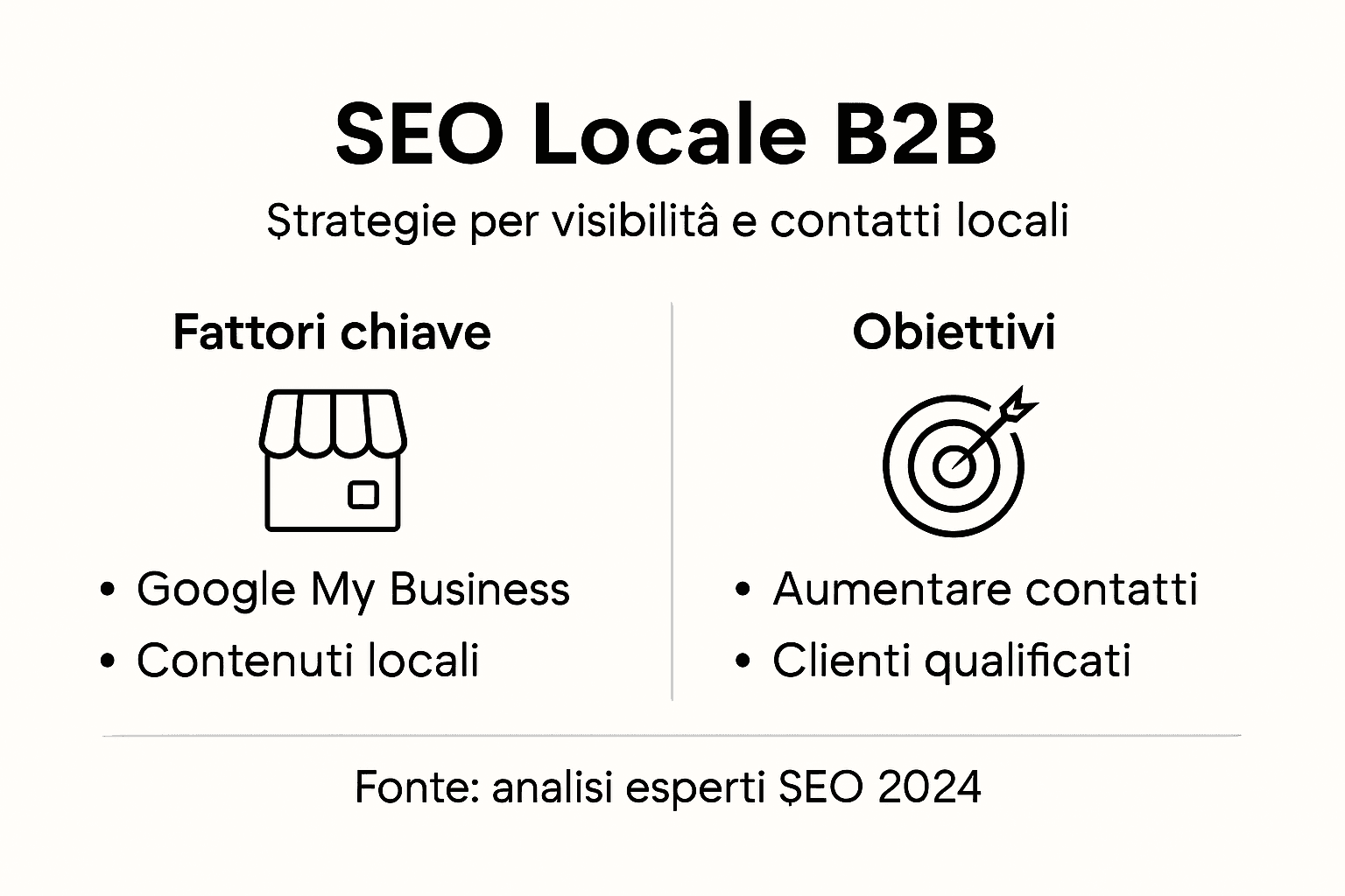 Infografica dedicata alla SEO locale per il B2B: fattori chiave e obiettivi da raggiungere