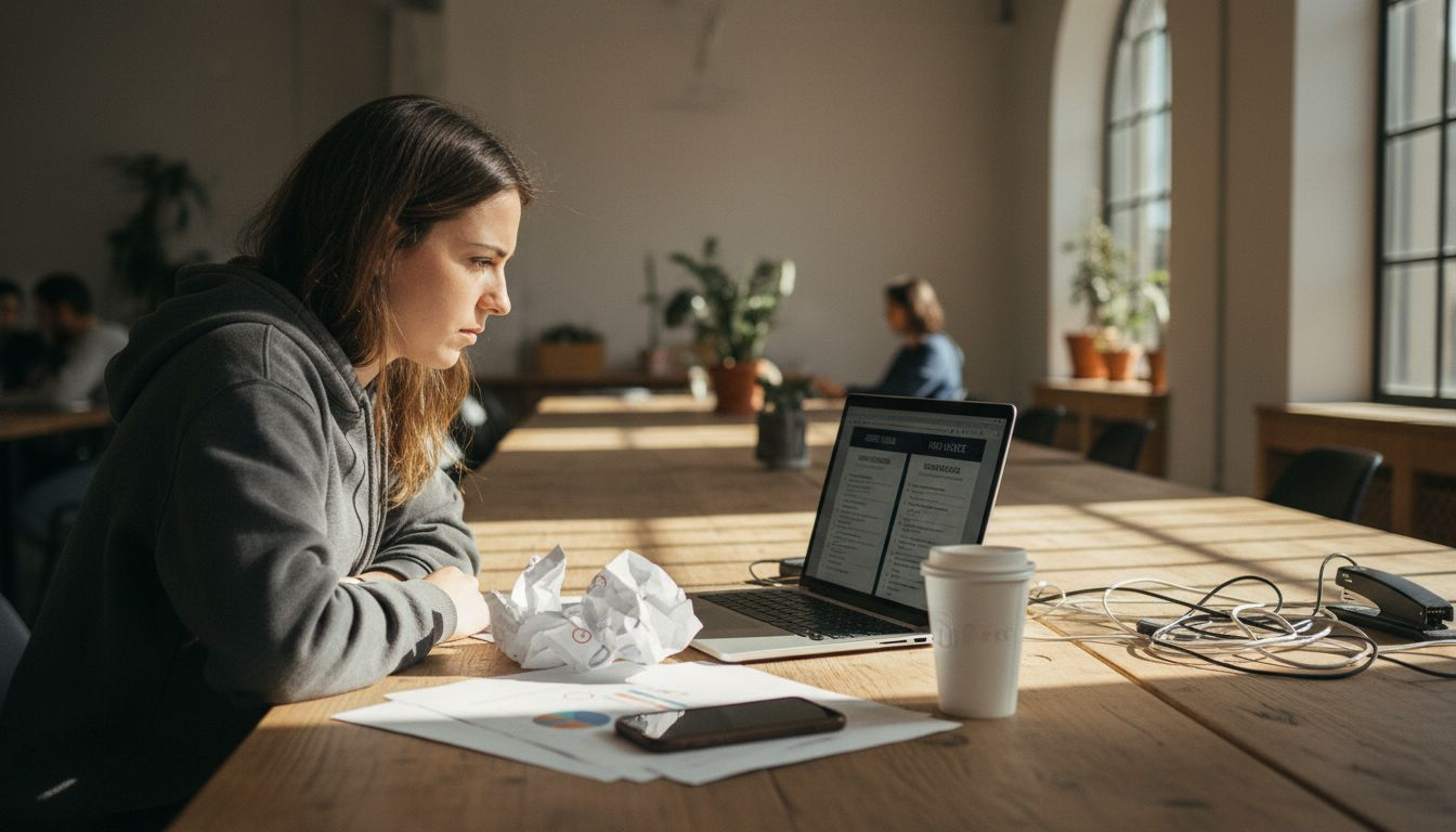 Donna che valuta diverse soluzioni di hosting mentre lavora in uno spazio di coworking