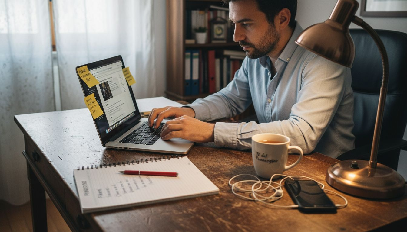 Freelance che scrive contenuti ottimizzati per i motori di ricerca comodamente seduto alla sua scrivania.