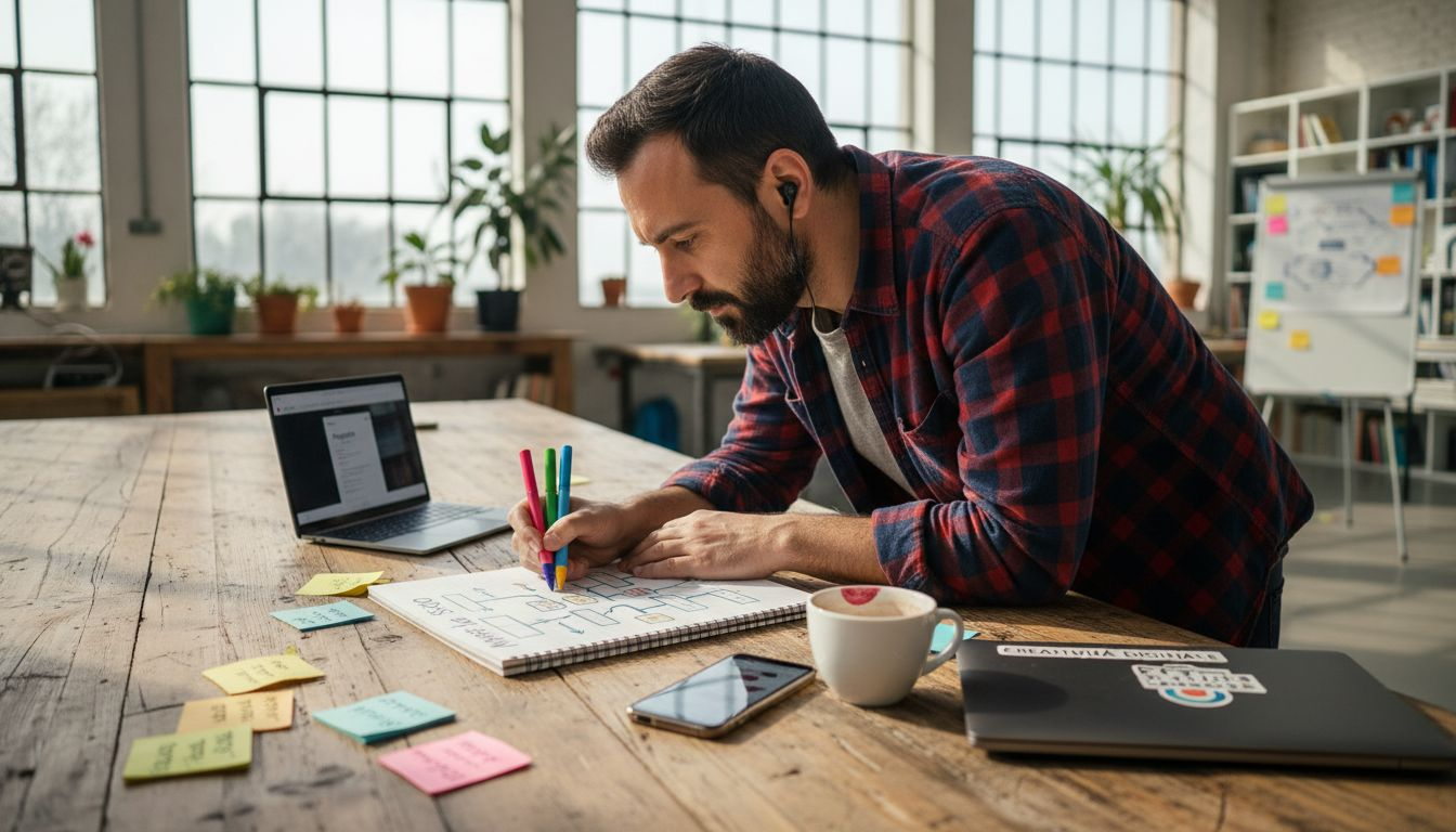 Un designer alle prese con la progettazione della nuova struttura di un sito web, tra schizzi e idee creative.