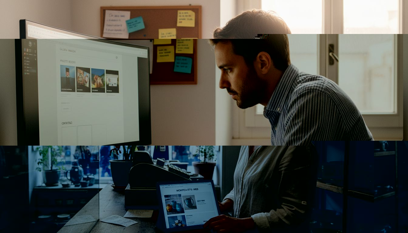 Il titolare del negozio gestisce il sito web direttamente dal bancone, mentre serve i clienti.