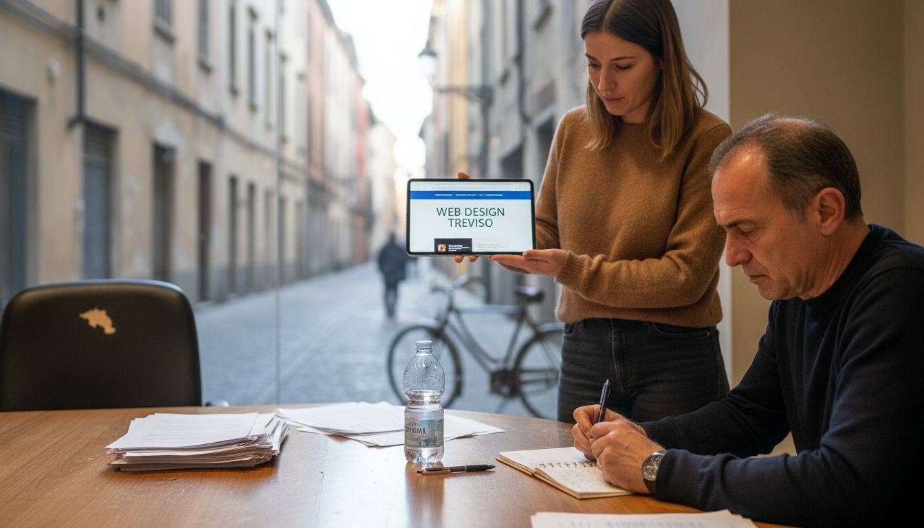 Un web designer mostra il proprio portfolio al cliente, illustrando i progetti realizzati e spiegando le scelte creative adottate per ogni lavoro.