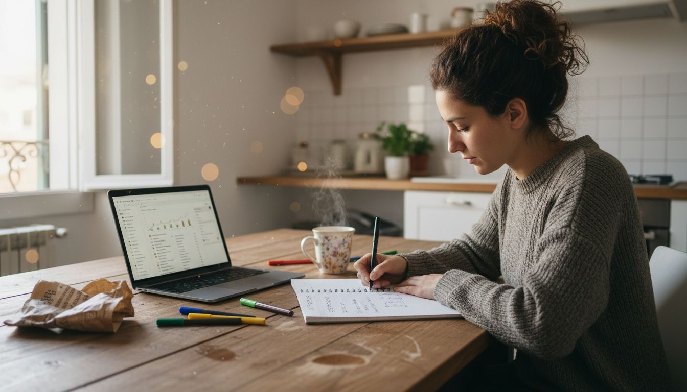 Una donna seduta al tavolo della cucina sta organizzando le idee per i contenuti SEO, mentre prende appunti e pianifica la strategia per il suo blog.