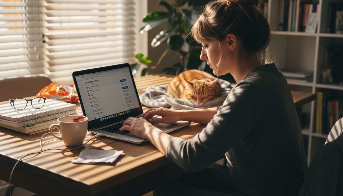 Una donna lavora da casa, dedicandosi all’aggiornamento dei plugin di WordPress sul suo computer.