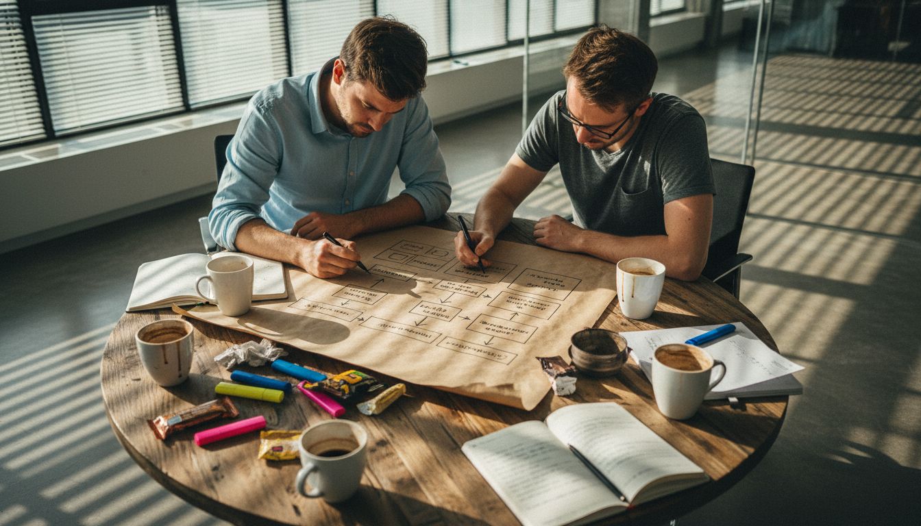 Das Team sitzt zusammen und entwirft die Struktur der neuen Website auf dem Papier.