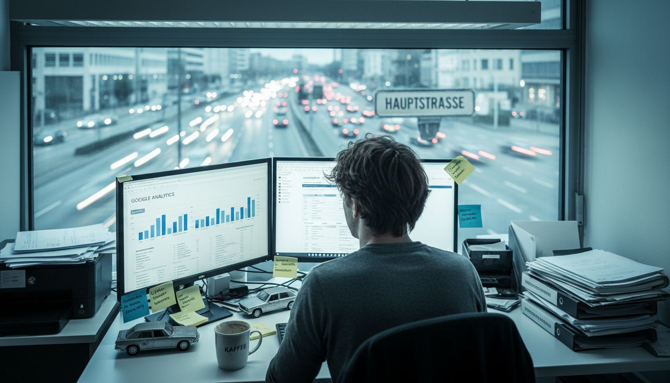 Ein SEO-Spezialist sitzt am Schreibtisch und analysiert die aktuellen Website-Daten.