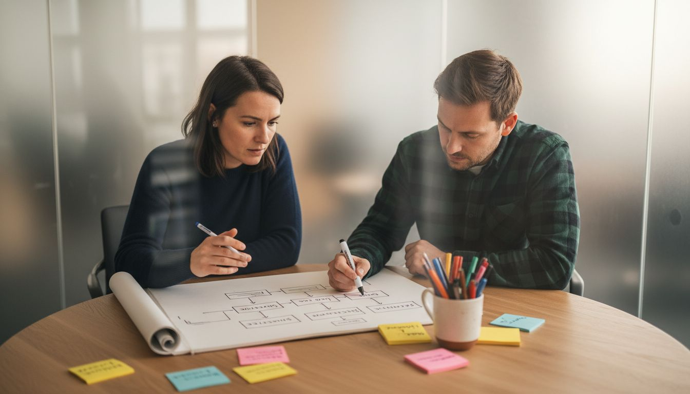 Zwei Personen arbeiten gemeinsam an der Struktur einer neuen Website.