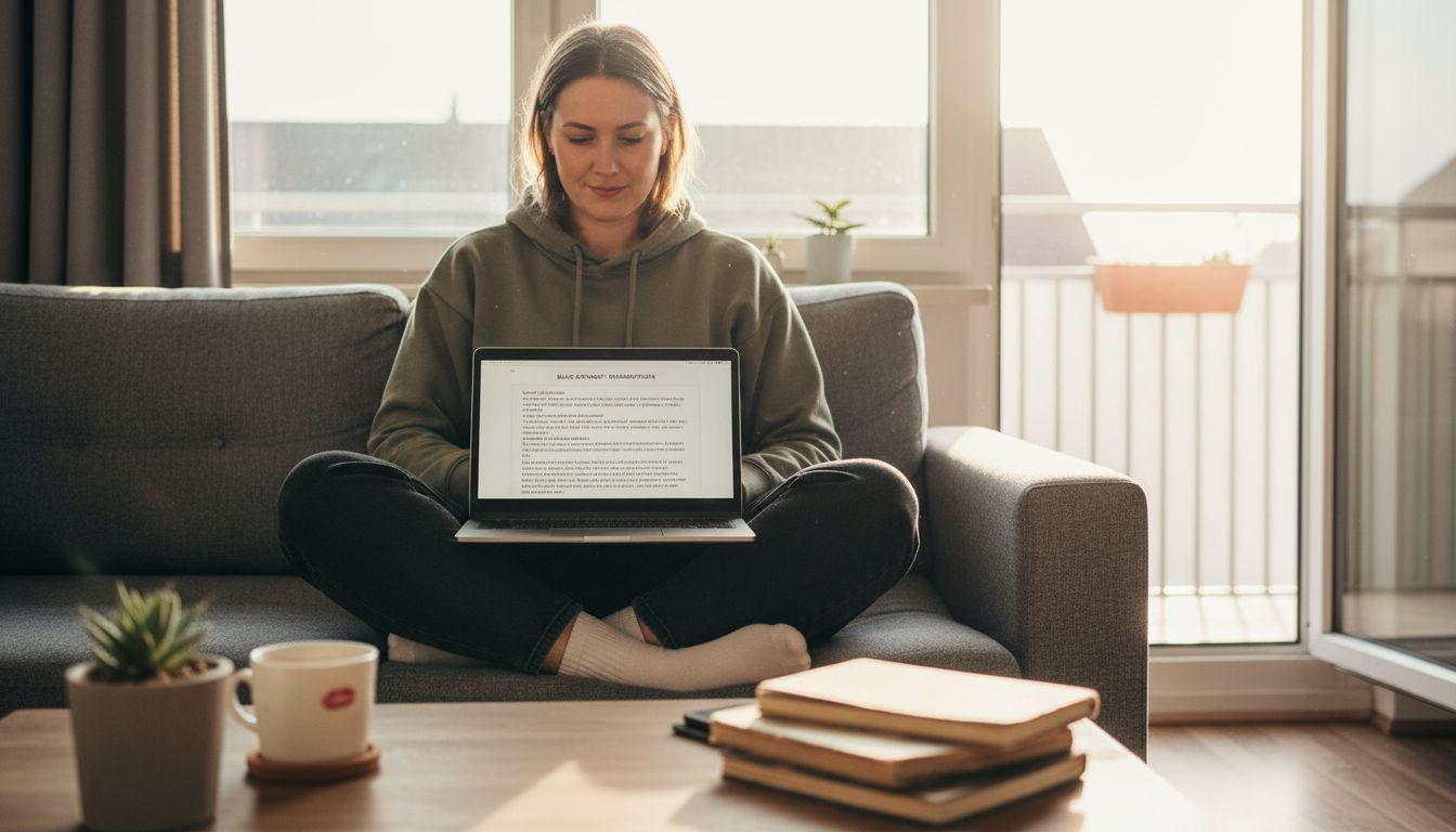 Eine Frau arbeitet entspannt von zu Hause aus und erstellt am Laptop neue Inhalte.