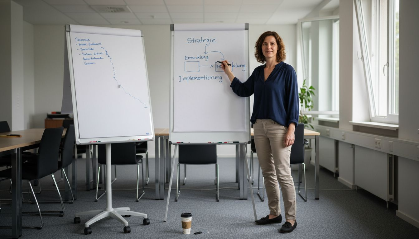 Eine Expertin erläutert anschaulich am Whiteboard, wie SEO funktioniert.