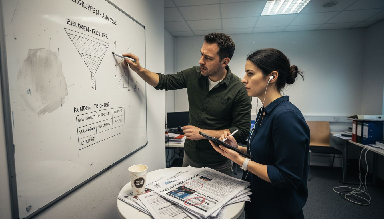 Ein Team bespricht die Zielgruppe und sammelt Ideen an einem Whiteboard.