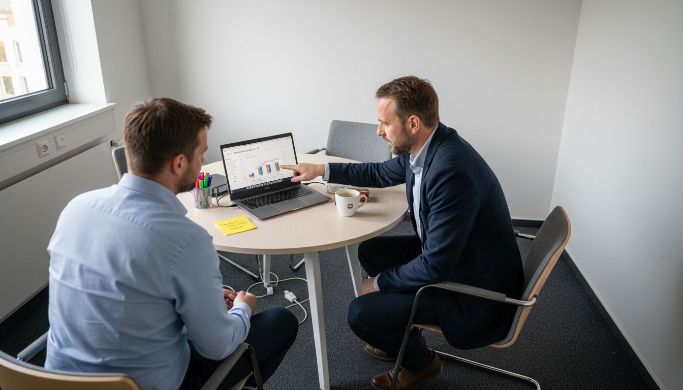 Im Büro tauschen sich Kollegen über effektive Backlink-Strategien aus.