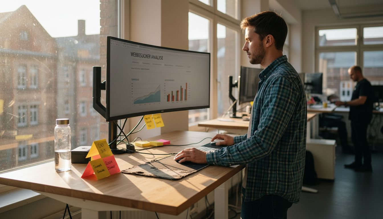 Ein Marketingexperte wertet konzentriert Daten an seinem Stehschreibtisch aus.