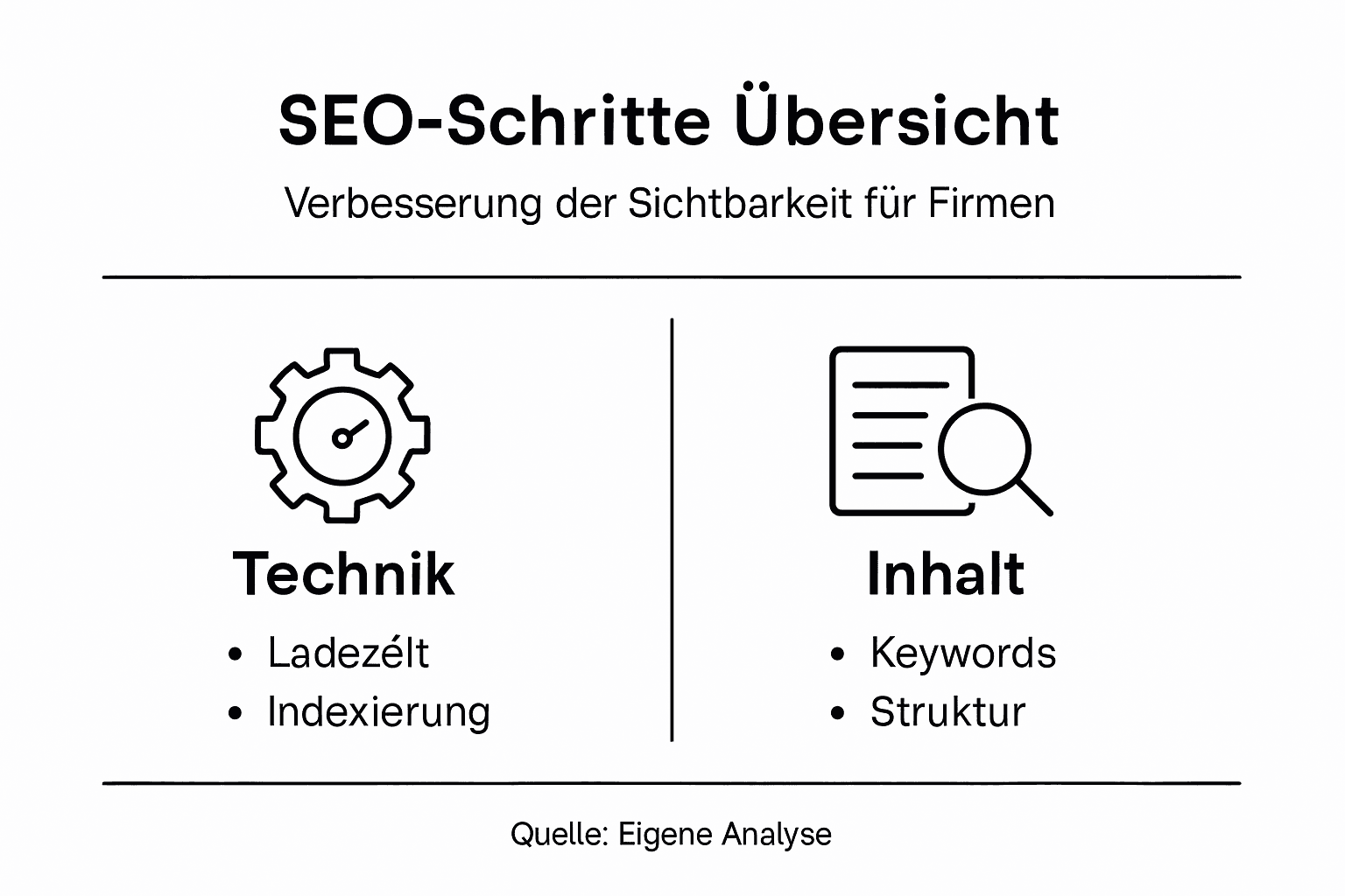 Übersichtsgrafik mit den wichtigsten SEO-Maßnahmen und ihren Anwendungsbereichen