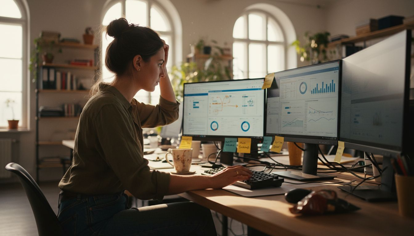 Eine Frau sitzt vor mehreren Bildschirmen und wertet Daten aus.
