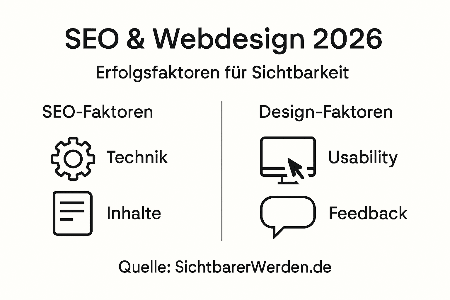 Die Infografik veranschaulicht, welche Faktoren für erfolgreiches SEO und ansprechendes Webdesign entscheidend sind.