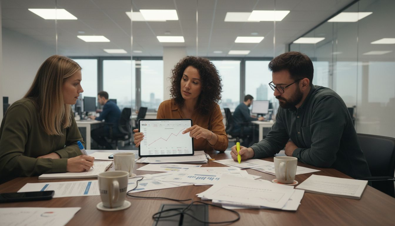 Ein Team sitzt gemeinsam am Konferenztisch und wertet aktuelle SEO-Daten aus.