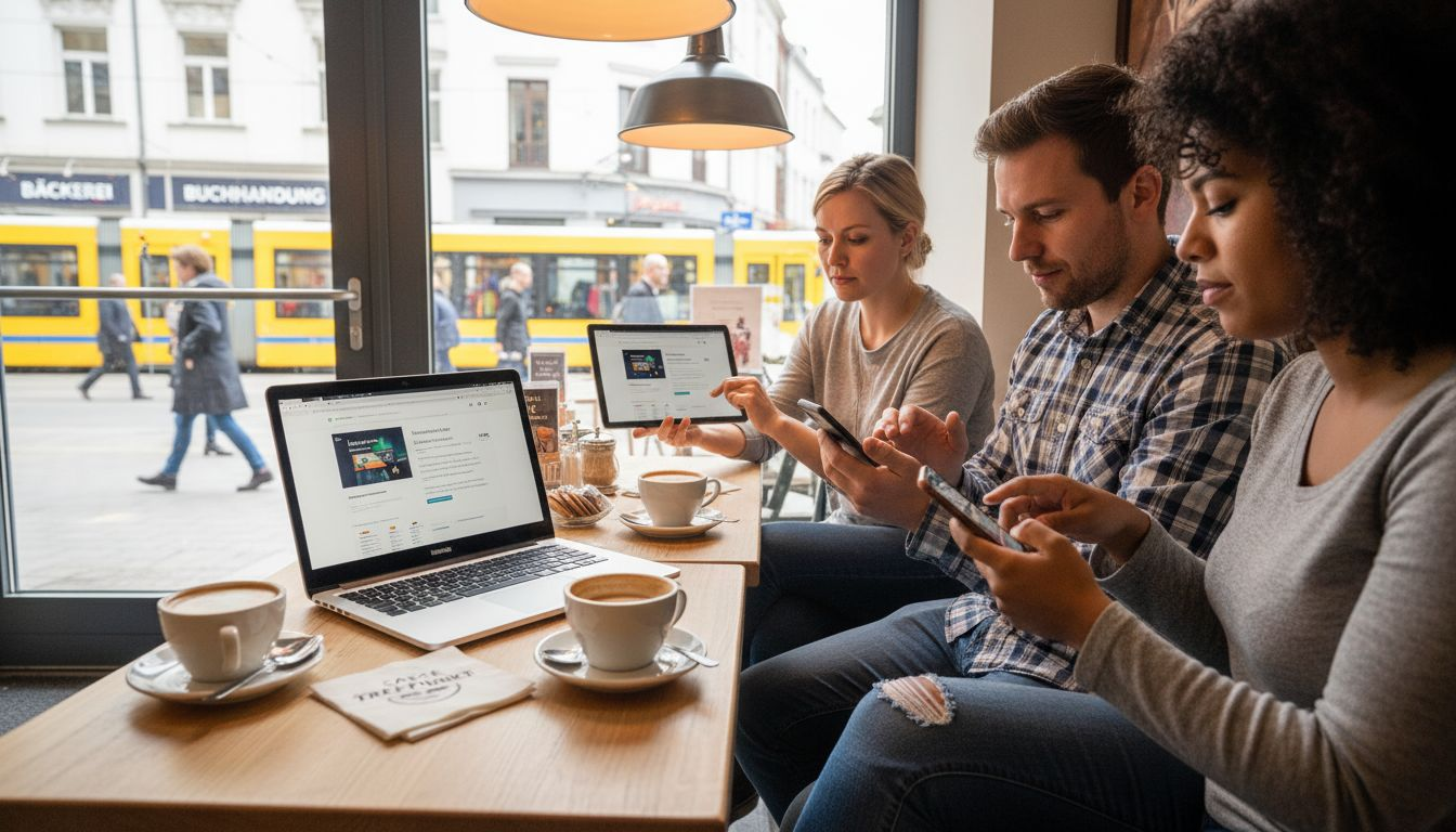 Ein Team überprüft die Benutzerfreundlichkeit ihrer Webseite auf Smartphones – ganz entspannt bei einem Kaffee im Café.